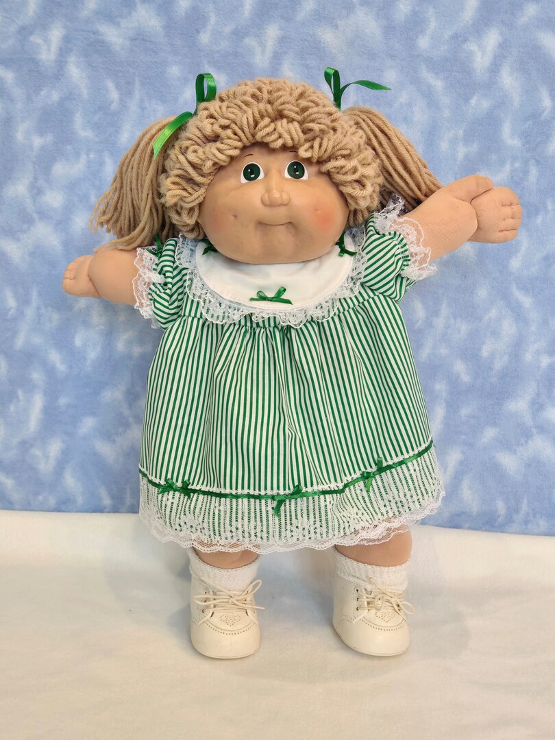cabbage patch doll green dress A Christmas Lime Green With Reindeer Pattern Dress and Matching Panties to Fit a 16 Inch Cabbage Patch Doll